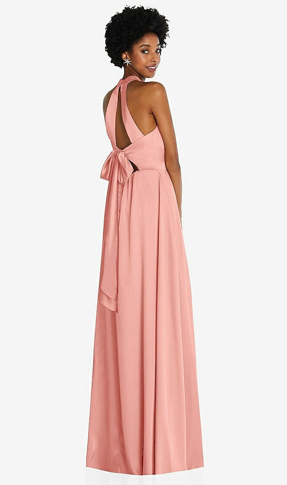 Back View - Rose Stand Collar Cutout Tie Back Maxi Dress with Front Slit