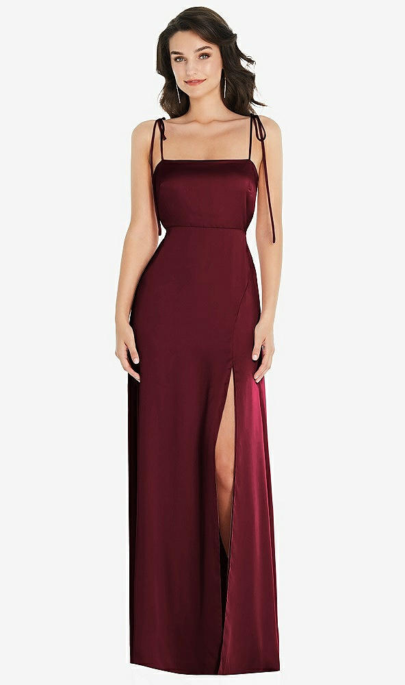 Front View - Cabernet Skinny Tie-Shoulder Satin Maxi Dress with Front Slit