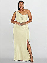 Alt View 1 Thumbnail - Butter Yellow Draped One-Shoulder Satin Trumpet Gown with Front Slit