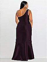 Alt View 2 Thumbnail - Deep Plum Draped One-Shoulder Satin Trumpet Gown with Front Slit