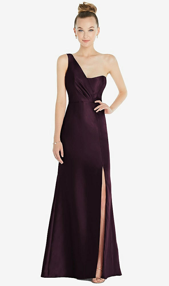 Front View - Deep Plum Draped One-Shoulder Satin Trumpet Gown with Front Slit