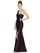 Side View Thumbnail - Deep Plum Draped One-Shoulder Satin Trumpet Gown with Front Slit