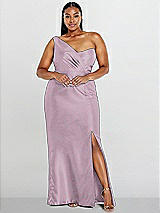Alt View 1 Thumbnail - Suede Rose Draped One-Shoulder Satin Trumpet Gown with Front Slit