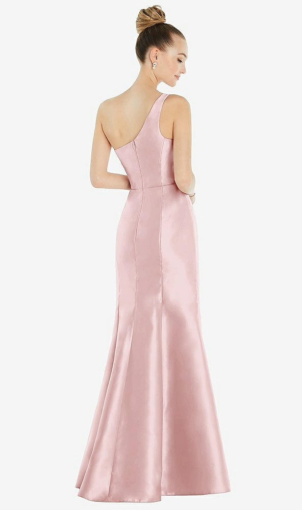 Back View - Ballet Pink Draped One-Shoulder Satin Trumpet Gown with Front Slit