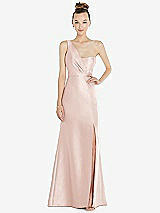 Front View Thumbnail - Blush Draped One-Shoulder Satin Trumpet Gown with Front Slit