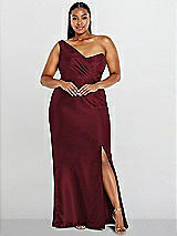 Alt View 1 Thumbnail - Cabernet Draped One-Shoulder Satin Trumpet Gown with Front Slit