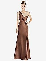 Front View Thumbnail - Cognac Draped One-Shoulder Satin Trumpet Gown with Front Slit