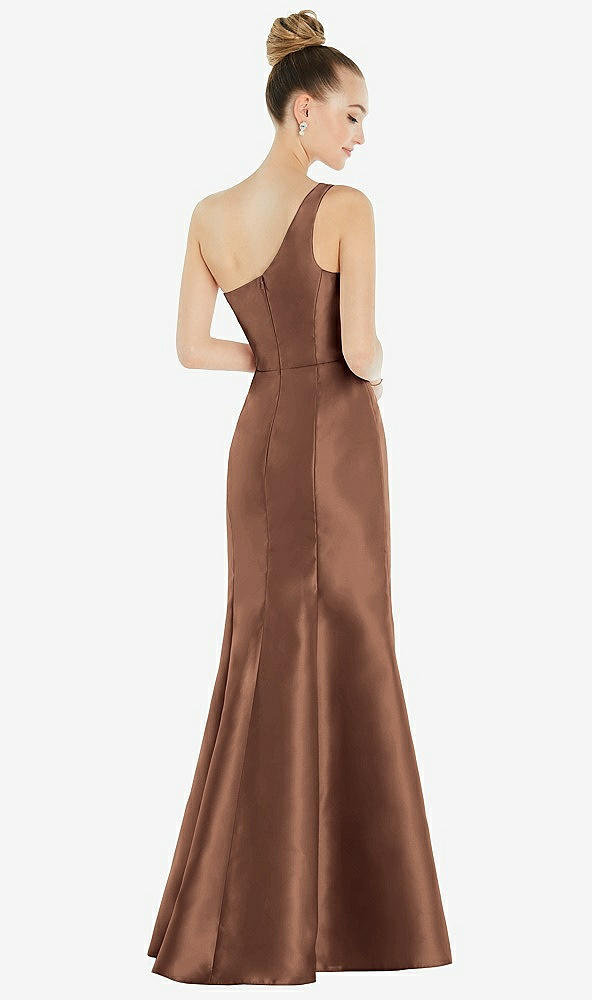 Back View - Cognac Draped One-Shoulder Satin Trumpet Gown with Front Slit