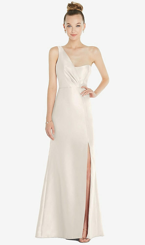 Front View - Ivory Draped One-Shoulder Satin Trumpet Gown with Front Slit