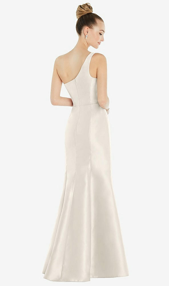 Back View - Ivory Draped One-Shoulder Satin Trumpet Gown with Front Slit