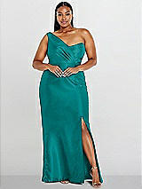 Alt View 1 Thumbnail - Jade Draped One-Shoulder Satin Trumpet Gown with Front Slit