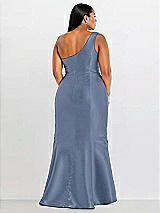 Alt View 2 Thumbnail - Larkspur Blue Draped One-Shoulder Satin Trumpet Gown with Front Slit