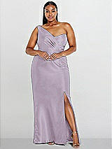 Alt View 1 Thumbnail - Lilac Haze Draped One-Shoulder Satin Trumpet Gown with Front Slit