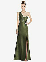 Front View Thumbnail - Olive Green Draped One-Shoulder Satin Trumpet Gown with Front Slit