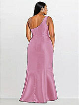 Alt View 2 Thumbnail - Powder Pink Draped One-Shoulder Satin Trumpet Gown with Front Slit