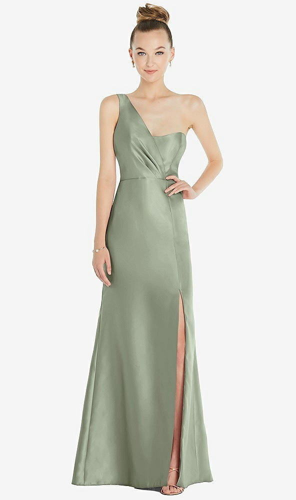 Front View - Sage Draped One-Shoulder Satin Trumpet Gown with Front Slit