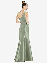 Rear View Thumbnail - Sage Draped One-Shoulder Satin Trumpet Gown with Front Slit