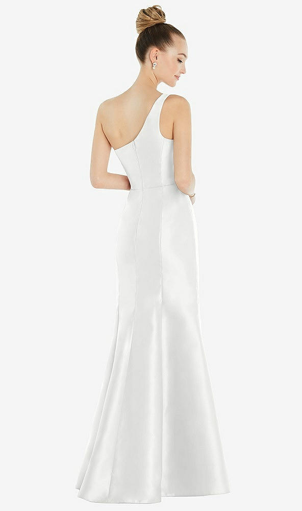Back View - White Draped One-Shoulder Satin Trumpet Gown with Front Slit