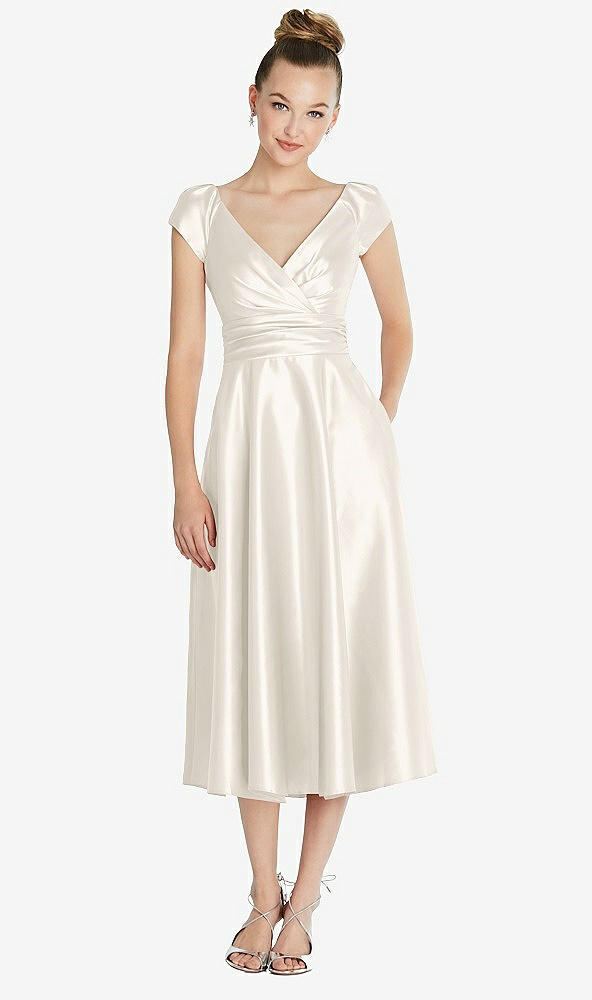 Front View - Ivory Cap Sleeve Faux Wrap Satin Midi Dress with Pockets