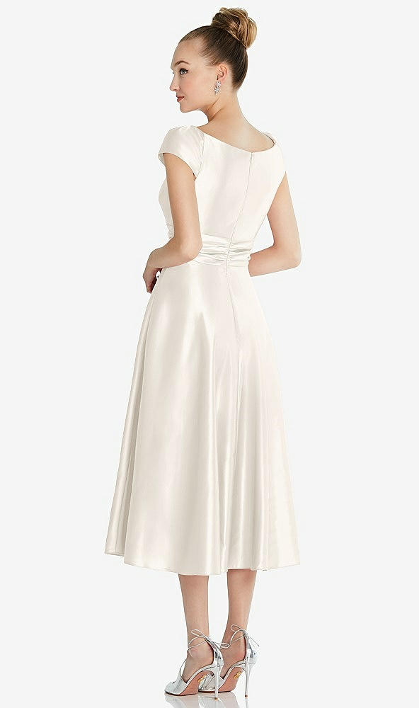 Back View - Ivory Cap Sleeve Faux Wrap Satin Midi Dress with Pockets