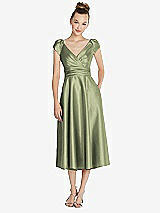 Front View Thumbnail - Kiwi Cap Sleeve Faux Wrap Satin Midi Dress with Pockets