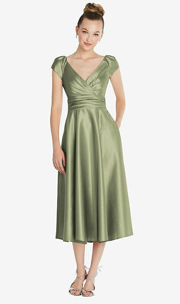 Front View - Kiwi Cap Sleeve Faux Wrap Satin Midi Dress with Pockets