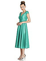 Side View Thumbnail - Pantone Turquoise Cap Sleeve Faux Wrap Satin Midi Dress with Pockets