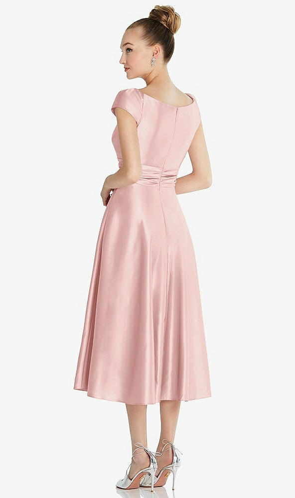 Back View - Rose Cap Sleeve Faux Wrap Satin Midi Dress with Pockets