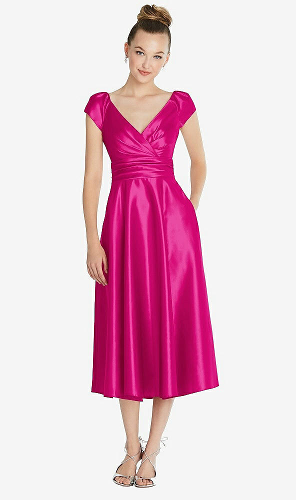 Front View - Think Pink Cap Sleeve Faux Wrap Satin Midi Dress with Pockets