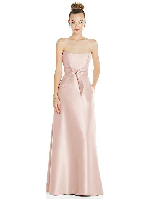 Basque-Neck Strapless Satin Gown with Mini Sash