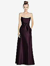 Front View Thumbnail - Deep Plum Basque-Neck Strapless Satin Gown with Mini Sash