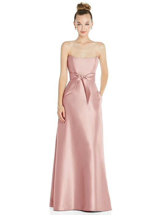 Basque-Neck Strapless Satin Gown with Mini Sash