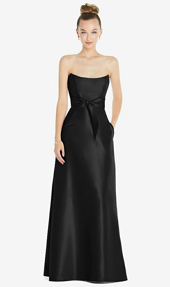 Front View - Black Basque-Neck Strapless Satin Gown with Mini Sash