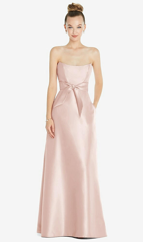 Front View - Blush Basque-Neck Strapless Satin Gown with Mini Sash