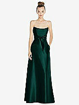 Front View Thumbnail - Evergreen Basque-Neck Strapless Satin Gown with Mini Sash