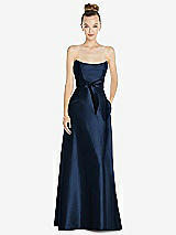 Front View Thumbnail - Midnight Navy Basque-Neck Strapless Satin Gown with Mini Sash