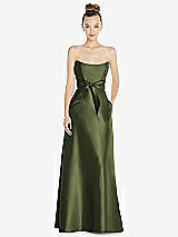 Front View Thumbnail - Olive Green Basque-Neck Strapless Satin Gown with Mini Sash