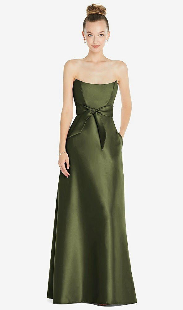 Front View - Olive Green Basque-Neck Strapless Satin Gown with Mini Sash