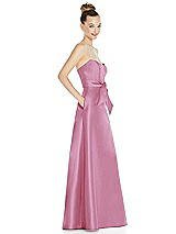 Side View Thumbnail - Powder Pink Basque-Neck Strapless Satin Gown with Mini Sash