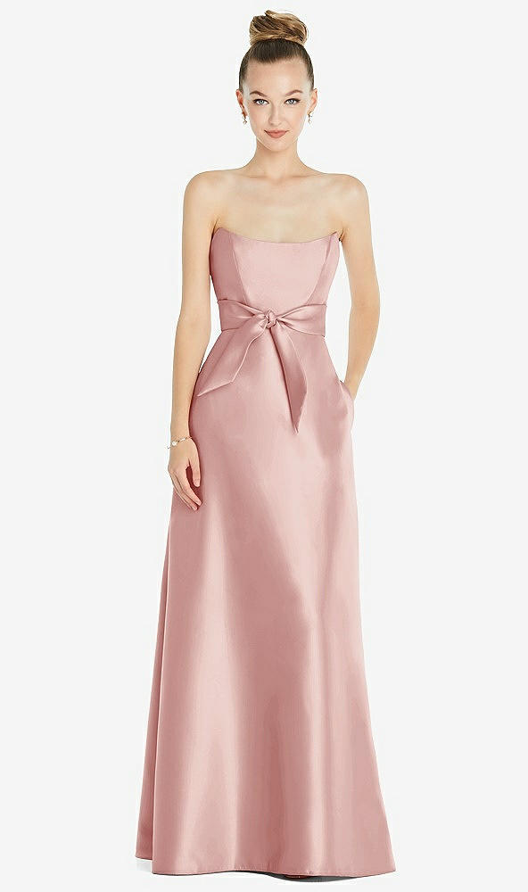 Front View - Rose Basque-Neck Strapless Satin Gown with Mini Sash