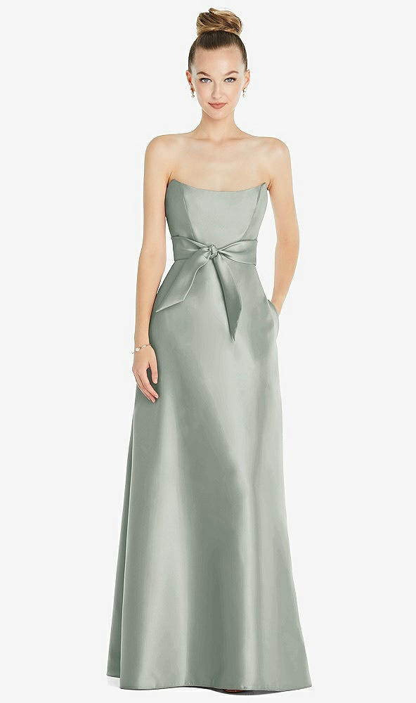 Front View - Willow Green Basque-Neck Strapless Satin Gown with Mini Sash