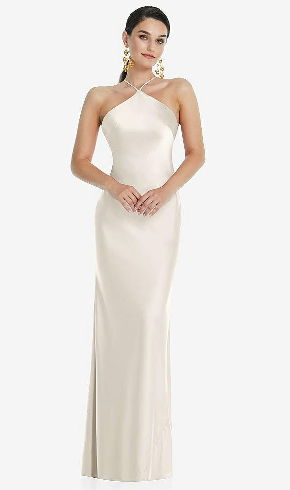 Front View - Ivory Diamond Halter Bias Maxi Slip Dress with Convertible Straps