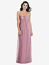 Front View Thumbnail - Dusty Pink Twist Shirred Strapless Empire Waist Gown with Optional Straps