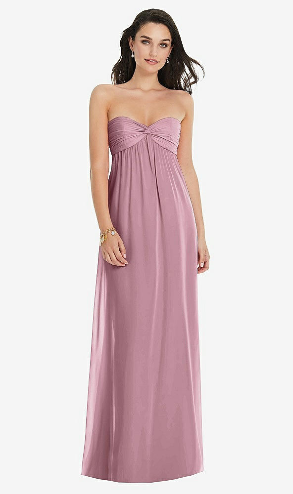 Front View - Dusty Pink Twist Shirred Strapless Empire Waist Gown with Optional Straps