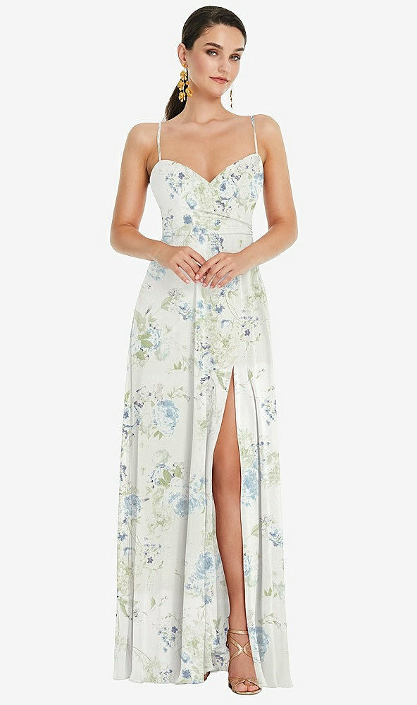 Front View - Bleu Garden Adjustable Strap Wrap Bodice Maxi Dress with Front Slit 