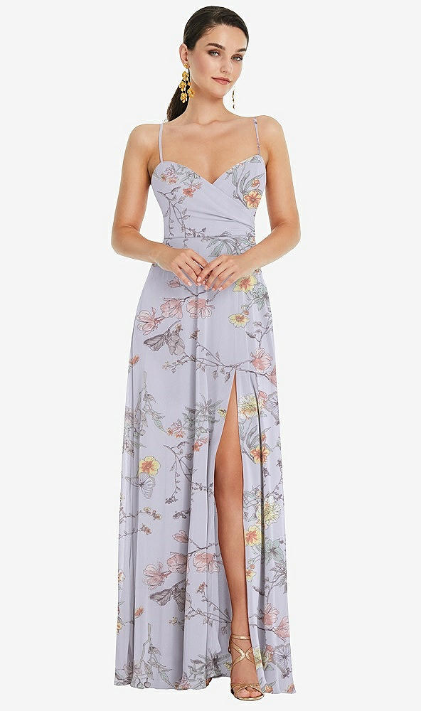 Front View - Butterfly Botanica Silver Dove Adjustable Strap Wrap Bodice Maxi Dress with Front Slit