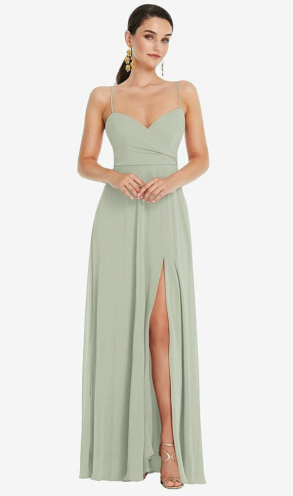 Front View - Celadon Adjustable Strap Wrap Bodice Maxi Dress with Front Slit