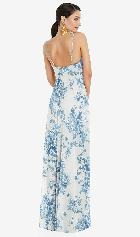 Back View - Cottage Rose Dusk Blue Adjustable Strap Wrap Bodice Maxi Dress with Front Slit 