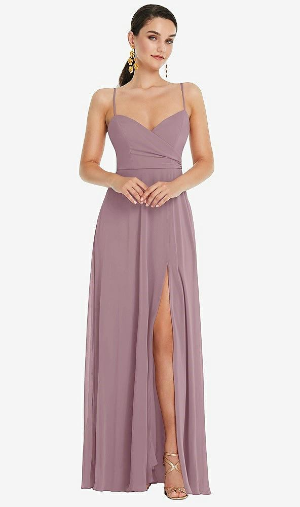 Front View - Dusty Rose Adjustable Strap Wrap Bodice Maxi Dress with Front Slit