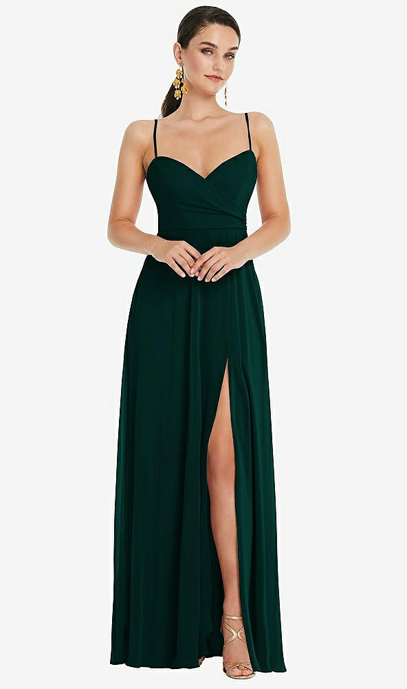 Front View - Evergreen Adjustable Strap Wrap Bodice Maxi Dress with Front Slit